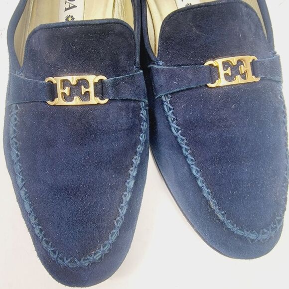 Escada Midnight Blue Signature 'E'  Velour Moccasin Loafers Size 11 - Picture 6 of 10